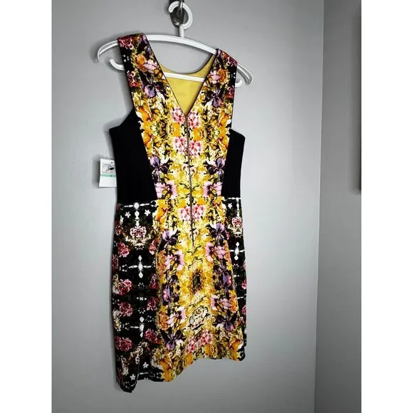 Donna Morgan Floral Sheath Dress Size 8 Yellow Black Zip Career Cocktail NWT - Picture 4 of 7